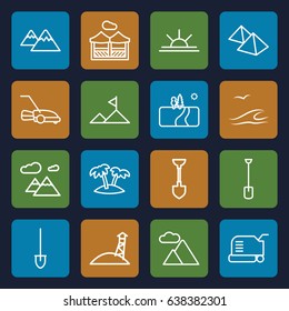Landscape icons set. set of 16 landscape outline icons such as lawn mower, shovel, sun rise, palm, mountain, pergola, sea and gull, landscape