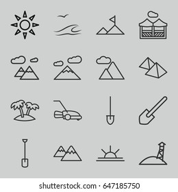 Landscape icons set. set of 16 landscape outline icons such as shovel, lawn mower, sun rise, palm, mountain, pergola, sunbed, sea and gull