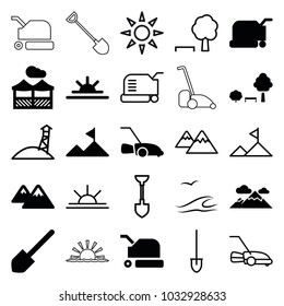 Landscape icons. set of 25 editable filled and outline landscape icons such as lawn mower, shovel, sun rise, mountain, pergola, tree and bench, sunbed, sea and gull