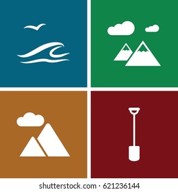 Landscape icons set. set of 4 landscape filled icons such as shovel, mountain