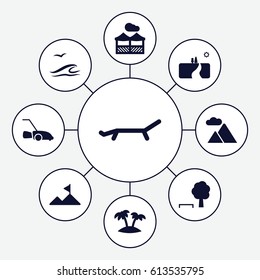 Landscape icons set. set of 9 landscape filled icons such as lawn mower, palm, mountain, pergola, sunbed, sea and gull, landscape