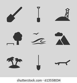 Landscape icons set. set of 9 landscape filled icons such as shovel, palm, mountain, sunbed, sea and gull, observation military tower