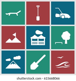 Landscape icons set. set of 9 landscape filled icons such as shovel, lawn mower, pergola, mountain, sunbed, sea and gull