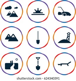 Landscape icons set. set of 9 landscape filled icons such as shovel, lawn mower, sun rise, mountain, sunbed, landscape