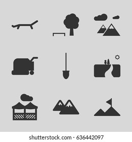 Landscape icons set. set of 9 landscape filled icons such as lawn mower, shovel, mountain, pergola, sunbed, landscape