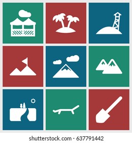 Landscape icons set. set of 9 landscape filled icons such as shovel, palm, mountain, pergola, sunbed, landscape