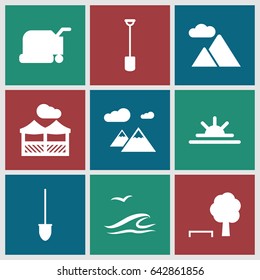 Landscape icons set. set of 9 landscape filled icons such as lawn mower, shovel, sun rise, mountain, pergola, sea and gull
