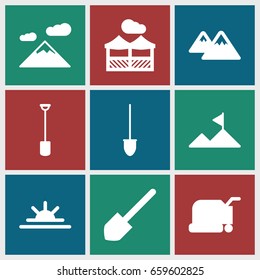 Landscape icons set. set of 9 landscape filled icons such as lawn mower, shovel, sun rise, mountain