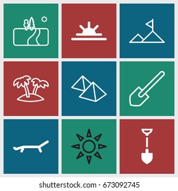 Landscape icons set. set of 9 landscape filled and outline icons such as shovel, sun rise, sunbed, palm, mountain