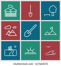 Landscape icons set. set of 9 landscape outline icons such as shovel, sun rise, pergola, mountain, sea and gull, landscape