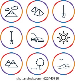 Landscape icons set. set of 9 landscape outline icons such as shovel, lawn mower, mountain, sunbed, sea and gull