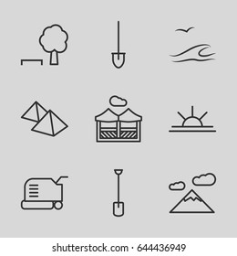 Landscape icons set. set of 9 landscape outline icons such as lawn mower, shovel, sun rise, pergola, mountain, sea and gull