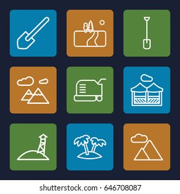 Landscape icons set. set of 9 landscape outline icons such as lawn mower, shovel, palm, mountain, pergola, landscape