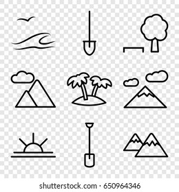 Landscape icons set. set of 9 landscape outline icons such as shovel, sun rise, palm, mountain, sea and gull