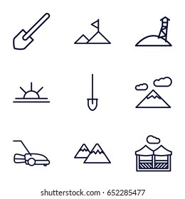 Landscape icons set. set of 9 landscape outline icons such as shovel, lawn mower, sun rise, mountain, pergola