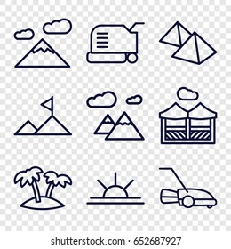 Landscape icons set. set of 9 landscape outline icons such as lawn mower, sun rise, palm, pergola