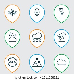 Landscape icons set with branch, cloudburst, mountains and other rain

 elements. Isolated vector illustration landscape icons