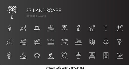 landscape icons set. Collection of landscape with beach, palm tree, forest, field, tree, pyramid, mountain, birch, shovel, water. Editable and scalable landscape icons.