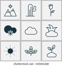 Landscape Icons Set. Collection Of Bush, Cold Climate, Sun And Other Elements. Also Includes Symbols Such As Snowy, Plant, Overcast.