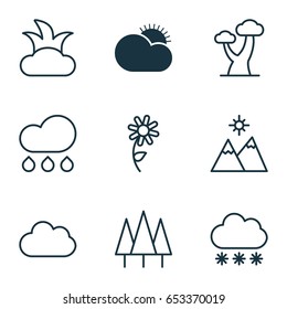 Landscape Icons Set. Collection Of Bush, Rain, Snowstorm And Other Elements. Also Includes Symbols Such As Mountains, Sun, Oak.