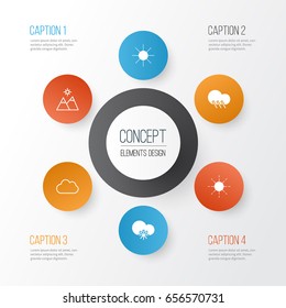 Landscape Icons Set. Collection Of Cloud, Cold Climate, Landscape Elements. Also Includes Symbols Such As Relief, Sunshine, Snowy.
