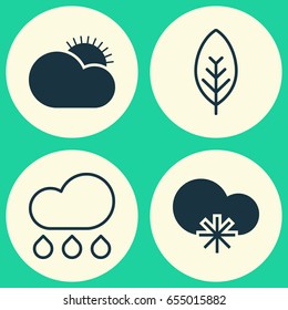 Landscape Icons Set. Collection Of Cold Climate, Sunny Weather, Tree Leaf And Other Elements. Also Includes Symbols Such As Leaf, Snowy, Rain.