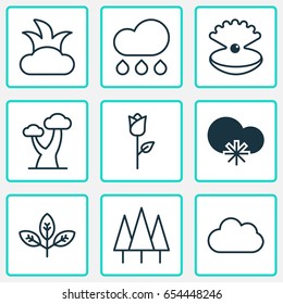 Landscape Icons Set. Collection Of Oak, Forest, Love Flower And Other Elements. Also Includes Symbols Such As Wood, Cloud, Jewel.