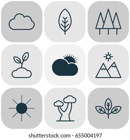Landscape Icons Set. Collection Of Landscape, Oak, Forest Elements. Also Includes Symbols Such As Mountains, Sunlight, Foliage.