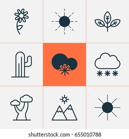 Landscape Icons Set. Collection Of Oak, Sunflower, Sprout And Other Elements. Also Includes Symbols Such As Snow, Sprout, Snowy.