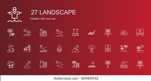 landscape icons set. Collection of landscape with palm tree, field, beach, pyramid, forest, tree, mountain, water, avalanche, lawnmower. Editable and scalable landscape icons.