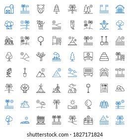 landscape icons set. Collection of landscape with palm tree, pyramid, lake, farm house, field, tree, beach, forest, mountain, shovel, avalanche. Editable and scalable landscape icons.