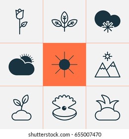 Landscape Icons Set. Collection Of Plant, Love Flower, Cold Climate And Other Elements. Also Includes Symbols Such As Pearl, Sunny, Mountains.