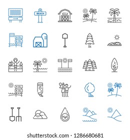 landscape icons set. Collection of landscape with pyramid, water, mountain, shovel, beach, tree, birch, forest, lake, field, pine, barn. Editable and scalable landscape icons.