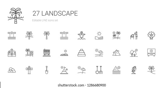 landscape icons set. Collection of landscape with pyramid, shovel, beach, mountain, field, farm house, lake, scarecrow, palm tree, tree. Editable and scalable landscape icons.