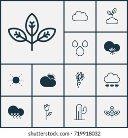 Landscape Icons Set. Collection Of Raindrop, Plant, Cold Climate And Other Elements. Also Includes Symbols Such As Sunflower, Weather, Tree.