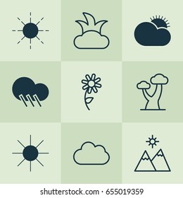 Landscape Icons Set. Collection Of Landscape, Sun, Oak Elements. Also Includes Symbols Such As Wood, Sunlight, Bush.