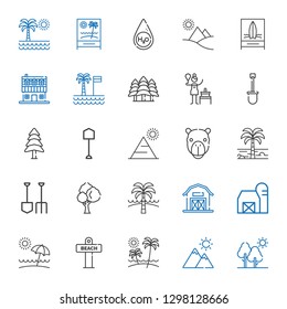 landscape icons set. Collection of landscape with tree, mountain, beach, barn, shovel, palm tree, camel, pyramid, pine, birch, forest, farm house. Editable and scalable landscape icons.