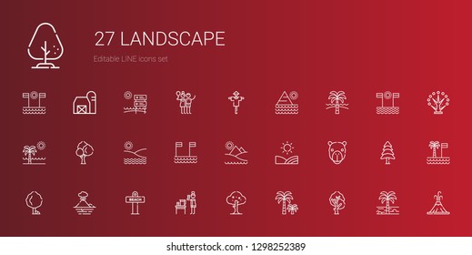 landscape icons set. Collection of landscape with tree, palm tree, water, beach, volcano, camel, field, pyramid, scarecrow, pine, birch. Editable and scalable landscape icons.