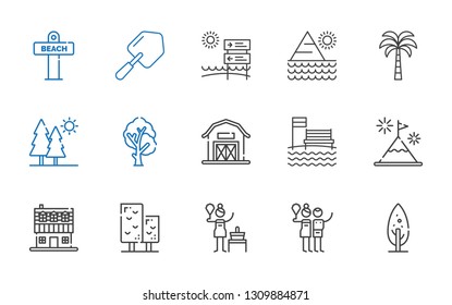 landscape icons set. Collection of landscape with tree, birch, farm house, mountain, beach, barn, trees, palm tree, pyramid, shovel. Editable and scalable landscape icons.