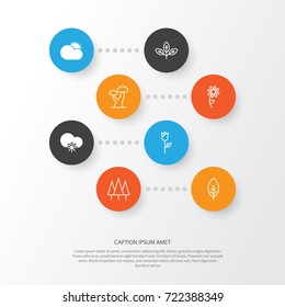 Landscape Icons Set. Collection Of Tree Leaf, Love Flower, Oak And Other Elements. Also Includes Symbols Such As Sun, Daisy, Weather.