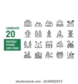Landscape Icons Set Editable Stroke Line Icons featuring nature elements travel and adventure