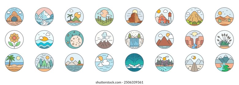 Landscape icons set, Included icons as Volcano, Cliff, Grass, Mountain and more symbols collection, logo isolated vector illustration