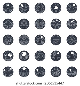 Landscape icons set, Included icons as Volcano, Cliff, Grass, Mountain and more symbols collection, logo isolated vector illustration