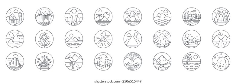 Landscape icons set, Included icons as Volcano, Cliff, Grass, Mountain and more symbols collection, logo isolated vector illustration