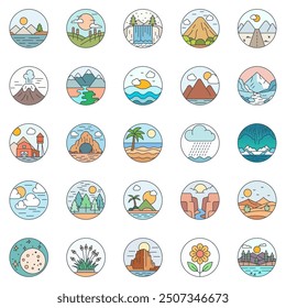 Landscape icons set, Included icons as Volcano, Cliff, Grass, Mountain and more symbols collection, logo isolated vector illustration