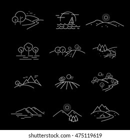 Landscape Icons Set - Isolated On Black Background. Vector Illustration, Graphic Design. For Web, Websites, Print 