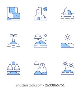 Landscape icons set. Line Duotone style, editable stroke. waterfall, mountain, iceberg, island, savannah, hill, road, oasis.