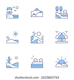 Landscape icons set. Line Duotone style, editable stroke. village, mountain, hill, desert, nature, sea, landscape.