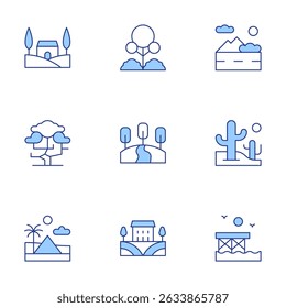Landscape icons set. Line Duotone style, editable stroke. landscape, park, road, tree, hills, desert, tuscany, pier.