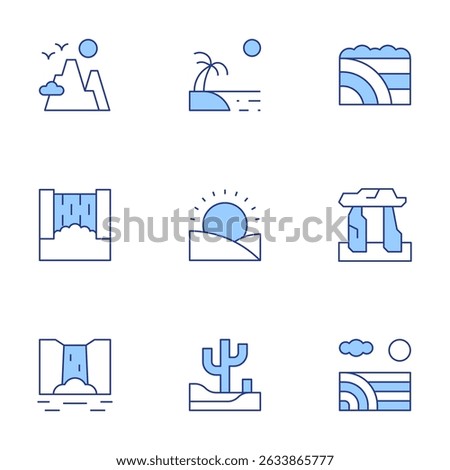 Landscape icons set. Line Duotone style, editable stroke. mountains, beach, field, waterfall, sunset, megalith, desert, meadow.